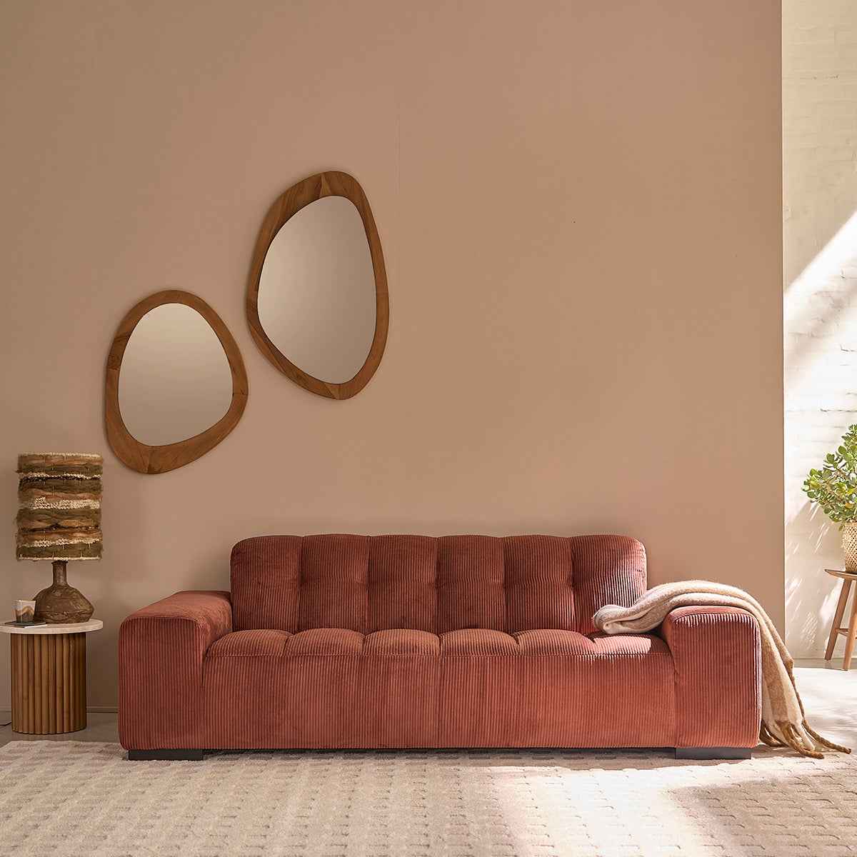 Canapé droit 3 places en velours côtelé terracotta