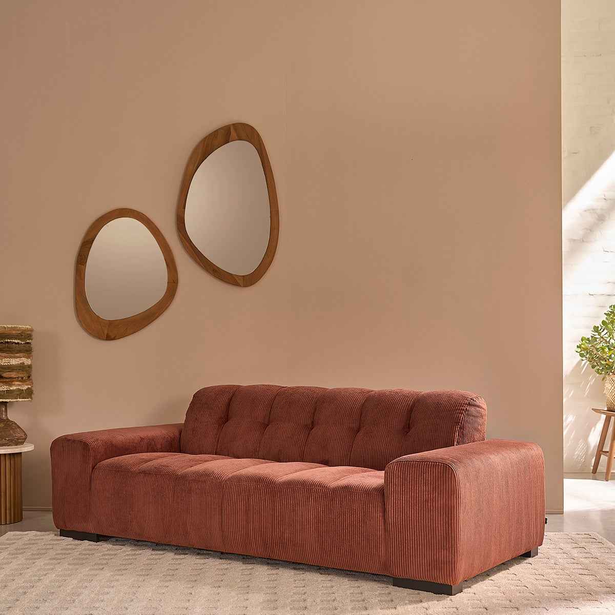 Canapé droit 3 places en velours côtelé terracotta