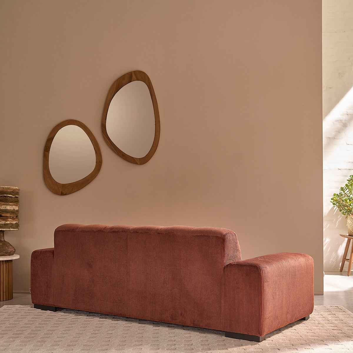 Canapé droit 3 places en velours côtelé terracotta