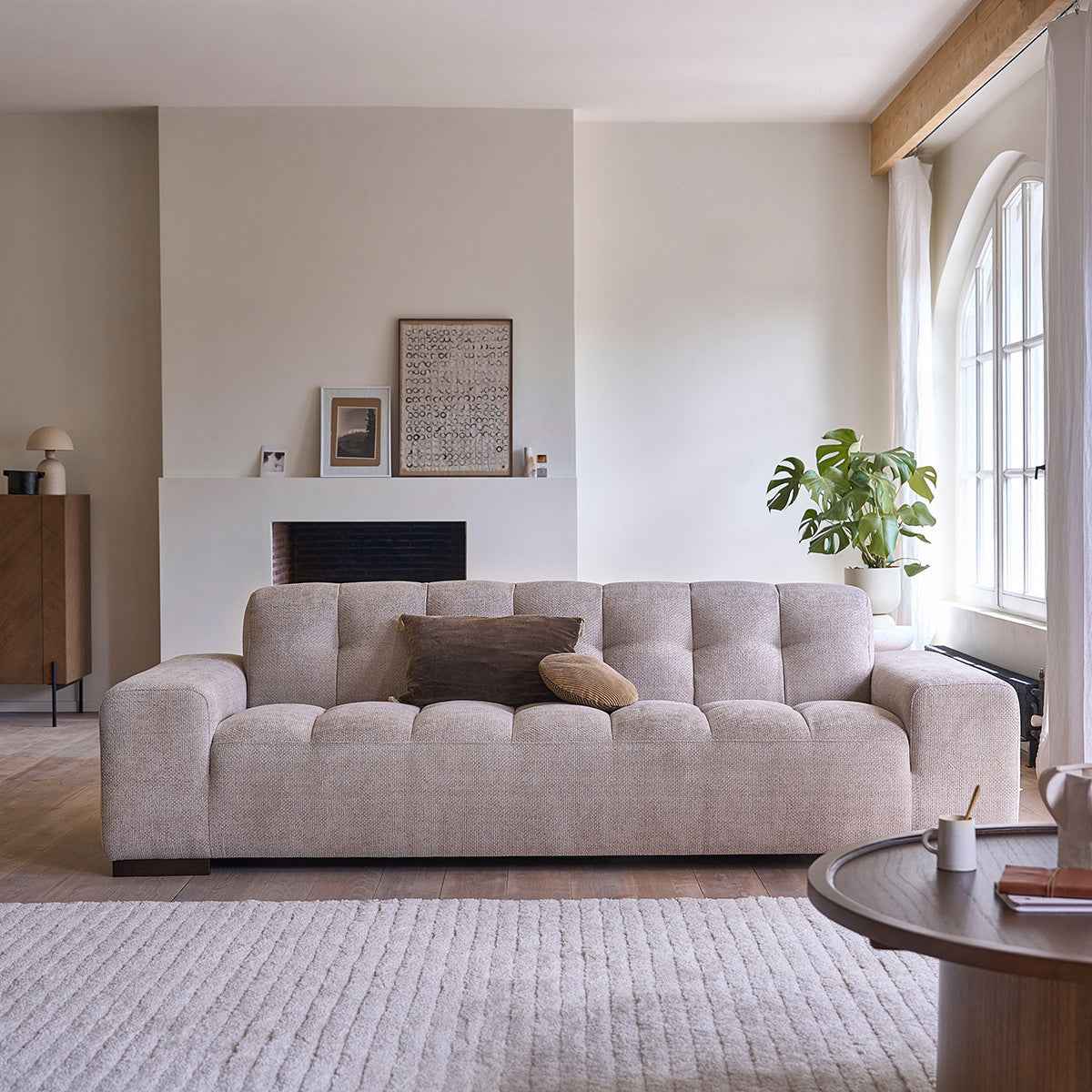 Canapé droit 4 places en velours tressé beige