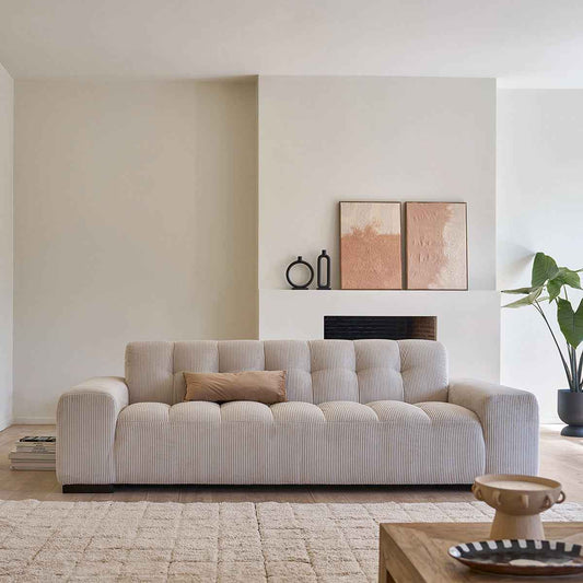 Canapé droit 4 places en velours côtelé écru
