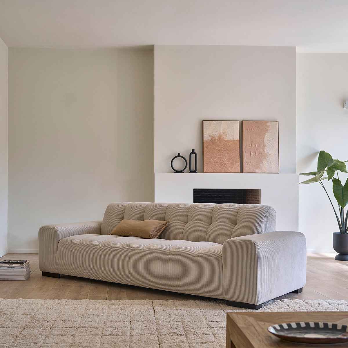 Canapé droit 4 places en velours côtelé écru