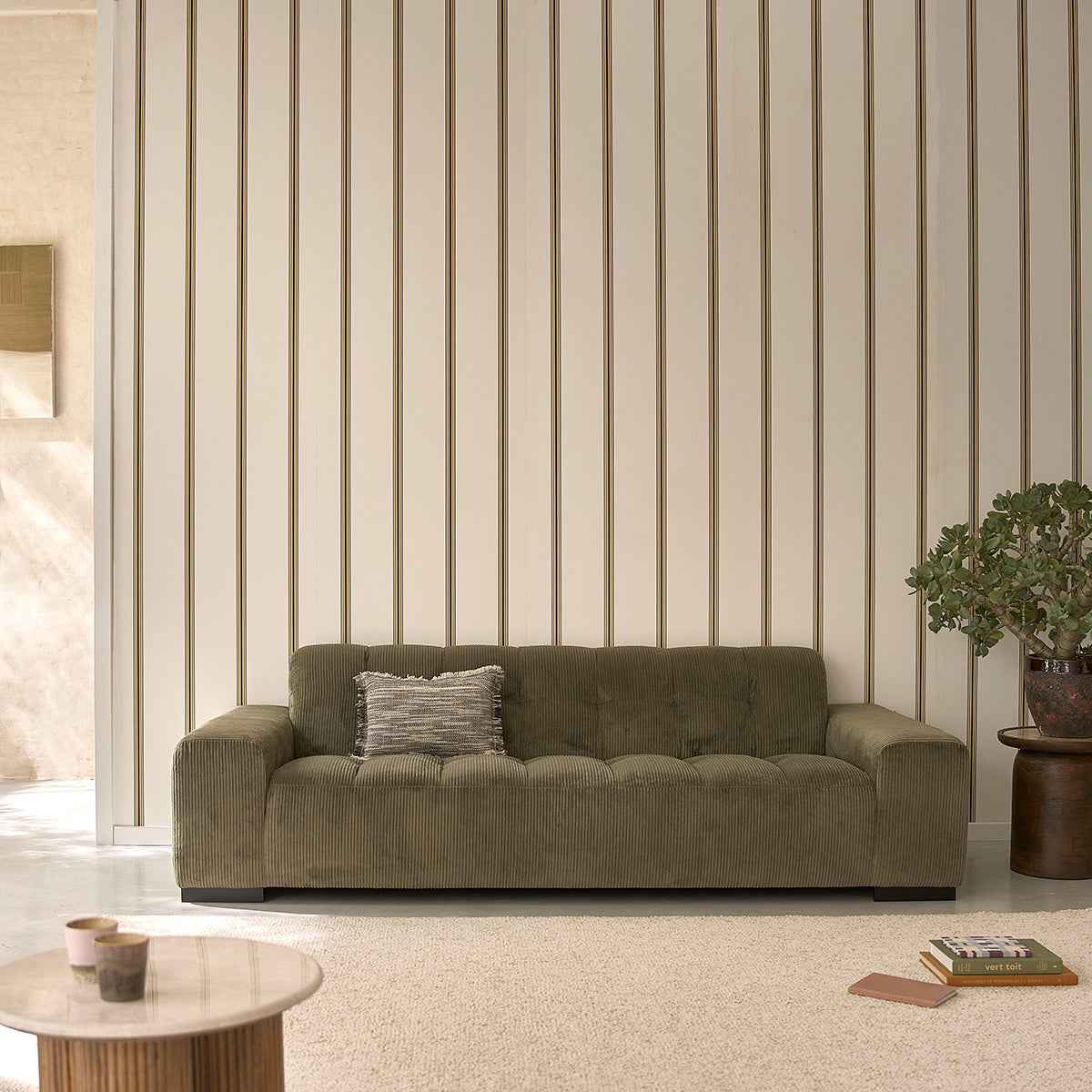 Canapé droit 4 places en velours côtelé kaki