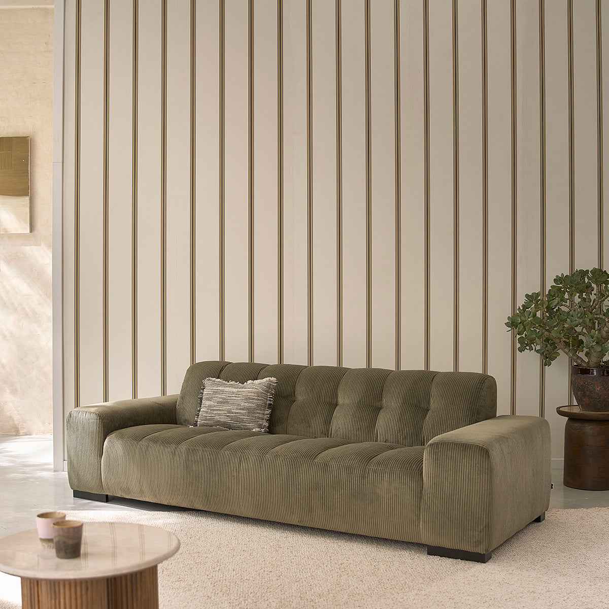 Canapé droit 4 places en velours côtelé kaki