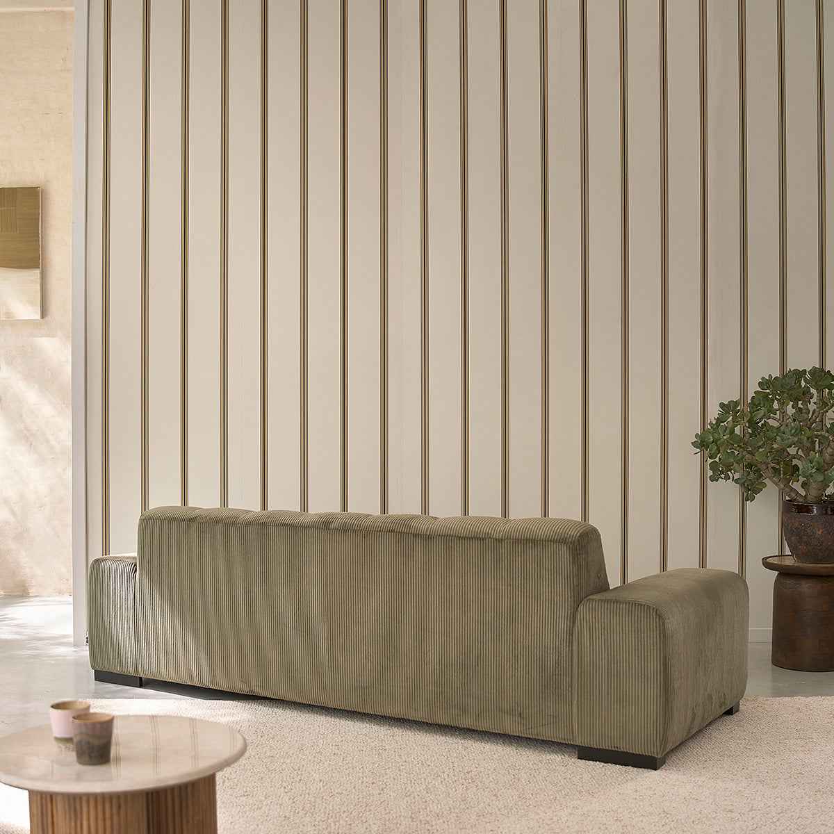 Canapé droit 4 places en velours côtelé kaki