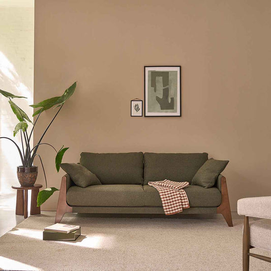 Canapé droit 3 places en bois massif et tissu bouclette kaki