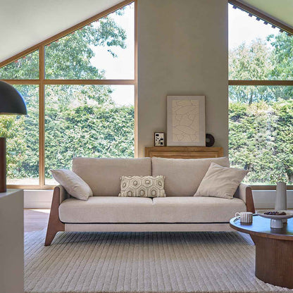 Canapé droit 3 places en bois massif et velours beige chiné