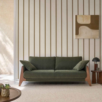 Canapé droit 3 places en bois massif et tissu velours vert mousse