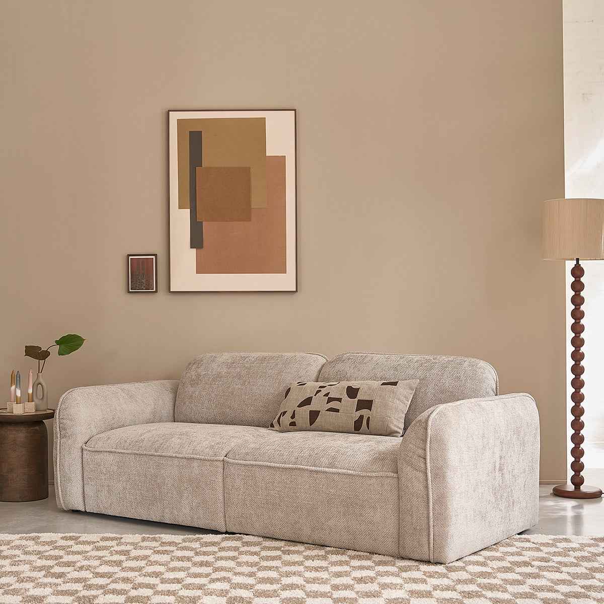 Canapé droit 3 places en velours tressé beige