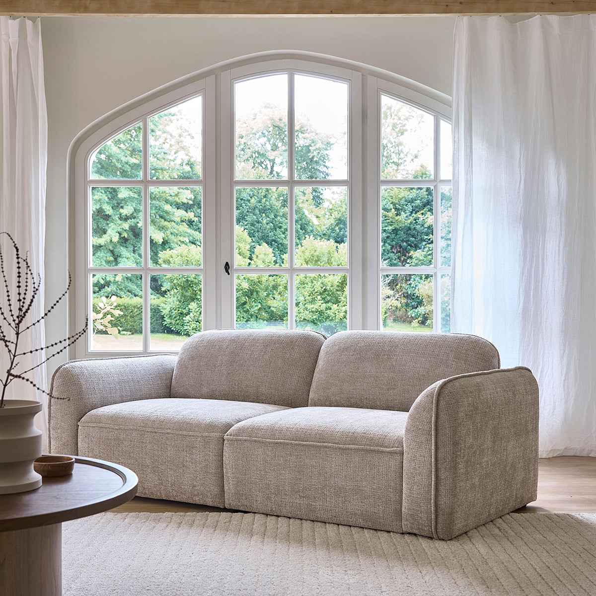 Canapé droit 3 places en velours texturé beige