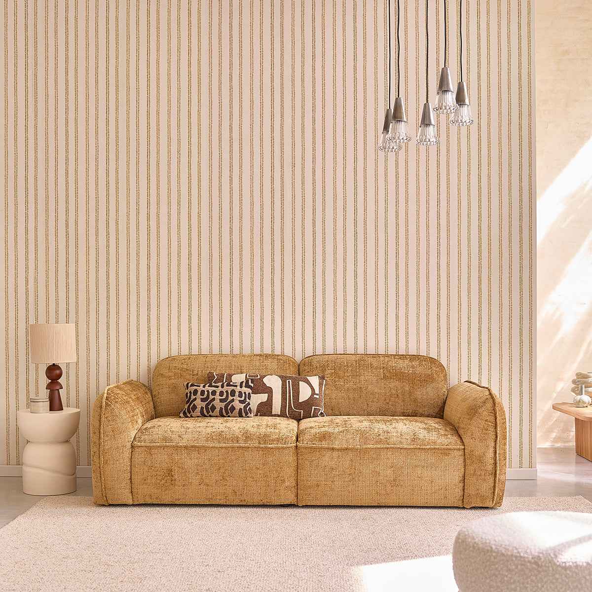 Canapé droit 3 places en velours texturé ocre