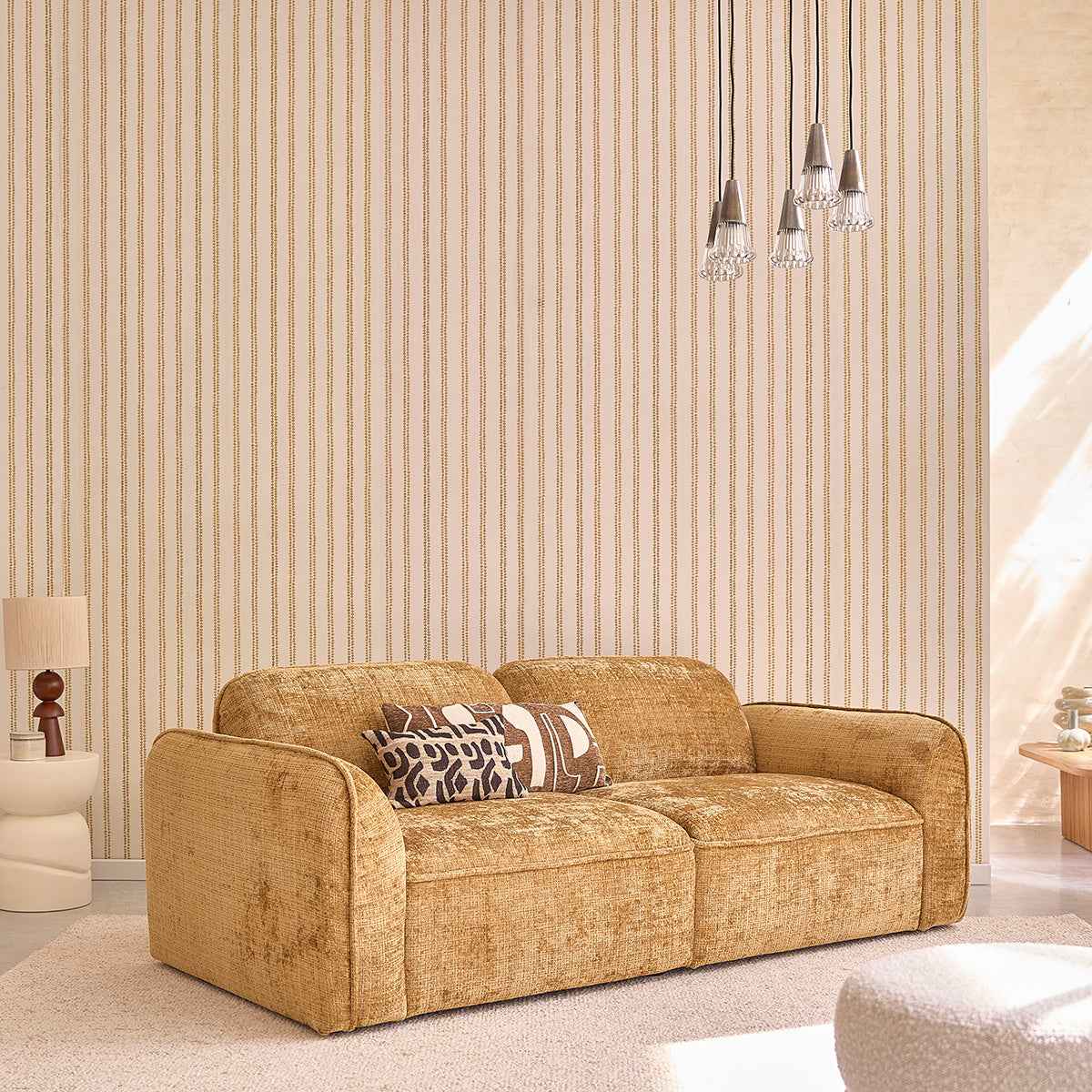 Canapé droit 3 places en velours texturé ocre