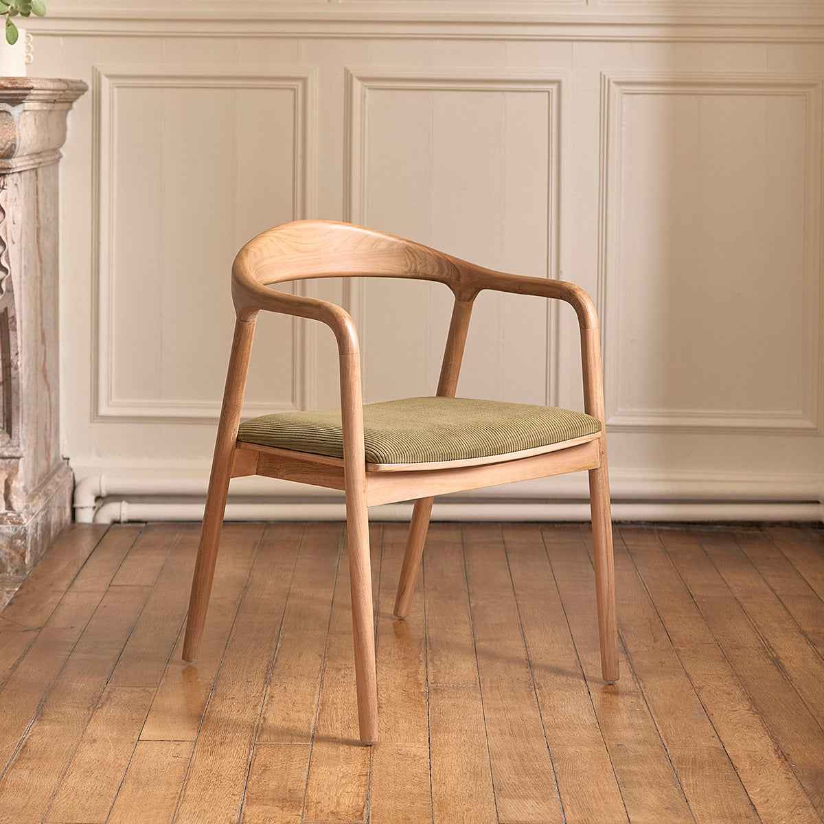 Lot de 2 chaises en teck massif assise velours côtelé kaki