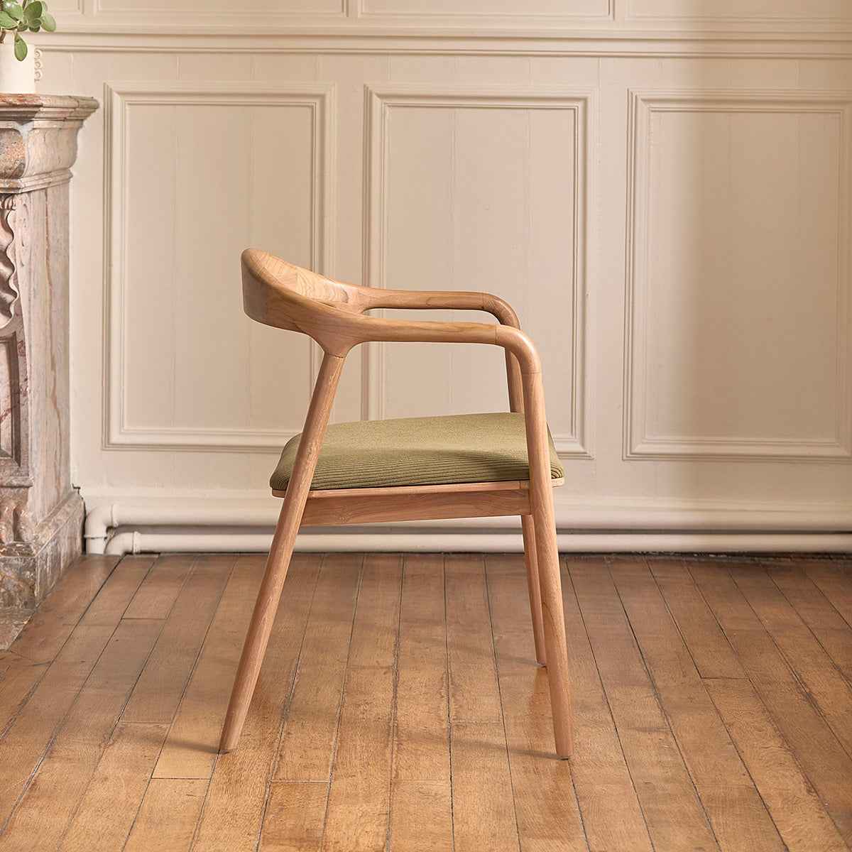 Lot de 2 chaises en teck massif assise velours côtelé kaki