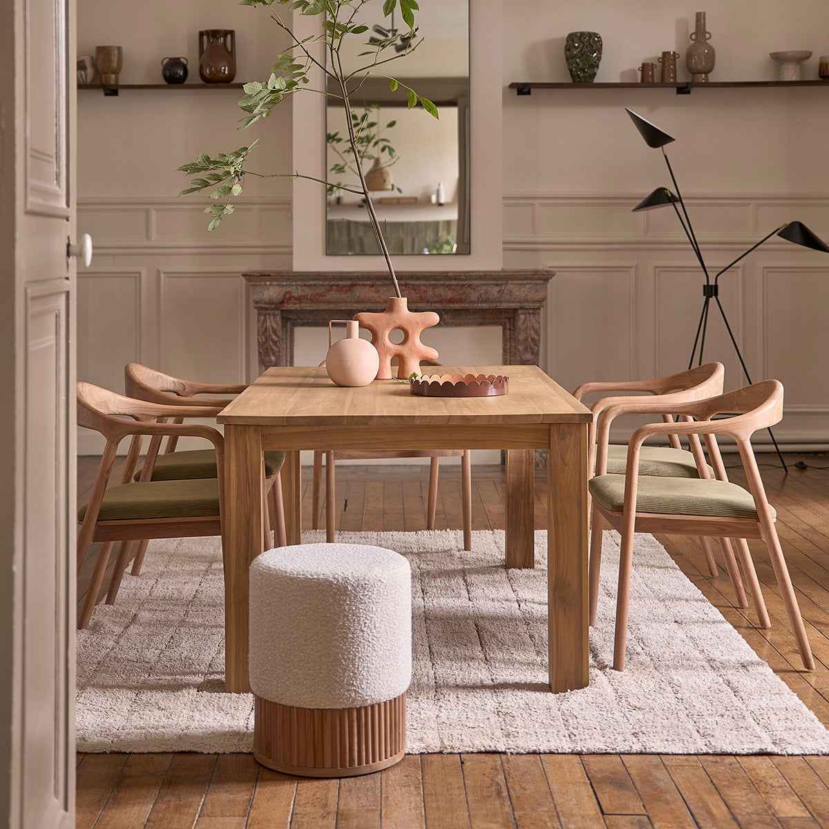 Lot de 2 chaises en teck massif assise velours côtelé kaki