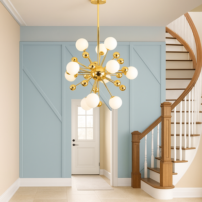 Lustre Eleven 11 branches en doré et boule blanche