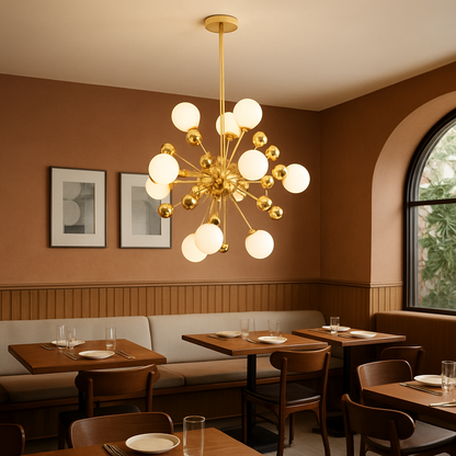 Lustre Eleven 11 branches en doré et boule blanche