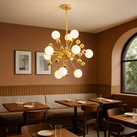 Lustre Eleven 11 branches en doré et boule blanche