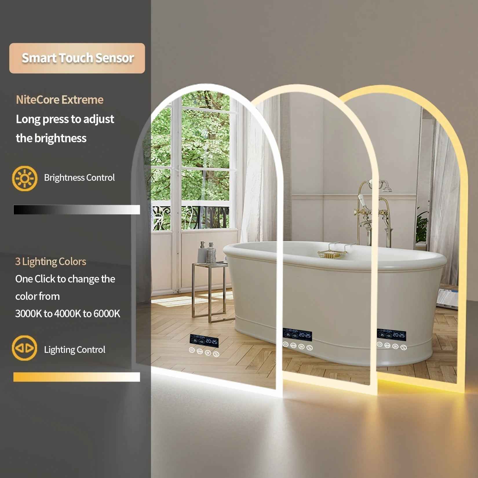 Détail des 3 couleurs de lumière (chaude, neutre, froide) du miroir arqué LED