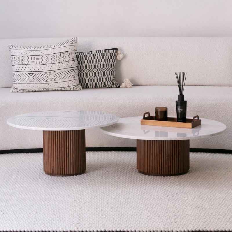 Duo de Tables Basses Liora en Marbre Blanc et Bardage Bois Massif - Lemiroir.ma