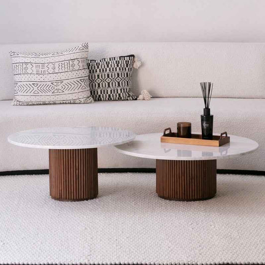 Duo de Tables Basses Liora en Marbre Blanc et Bardage Bois Massif - Lemiroir.ma