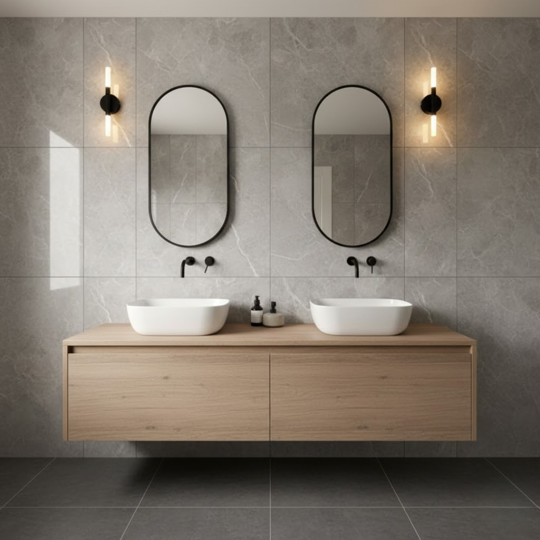 Duo de miroirs de salle de bain AquaPure (75x40 cm chacun) avec cadres en métal noir, installés au-dessus d'une double vasque.