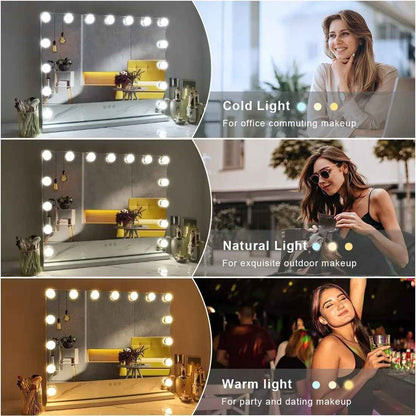 Femme se maquillant devant un miroir lumineux LED style Hollywood lumière blanche