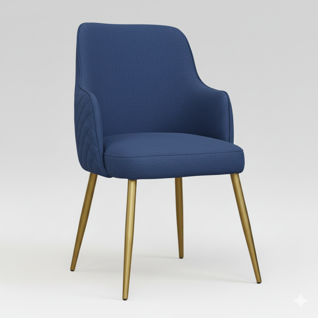 "Chaise moderne antitache avec assise confortable et structure en métal doré."