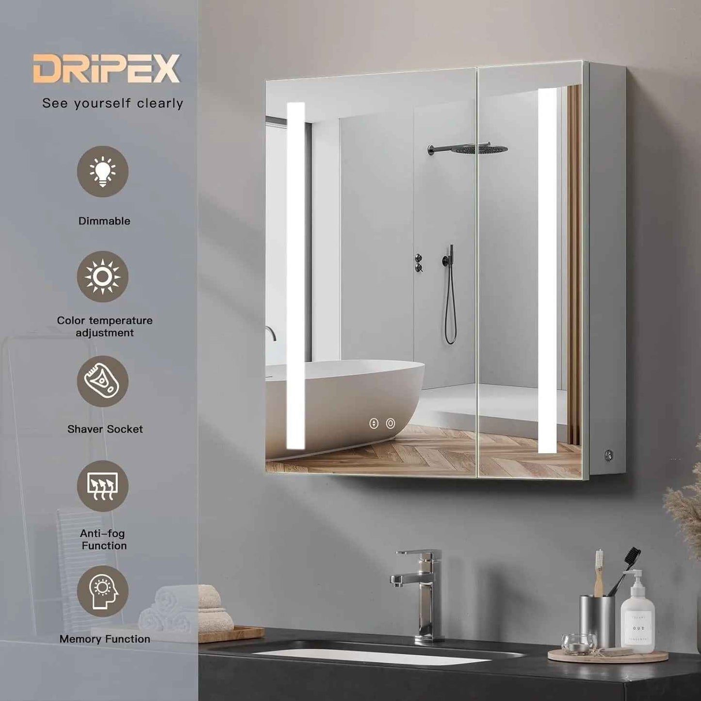 Intérieur de l'armoire de toilette LED montrant la prise rasoir, le port USB et les étagères réglables