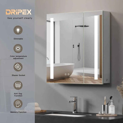 Intérieur de l'armoire de toilette LED montrant la prise rasoir, le port USB et les étagères réglables