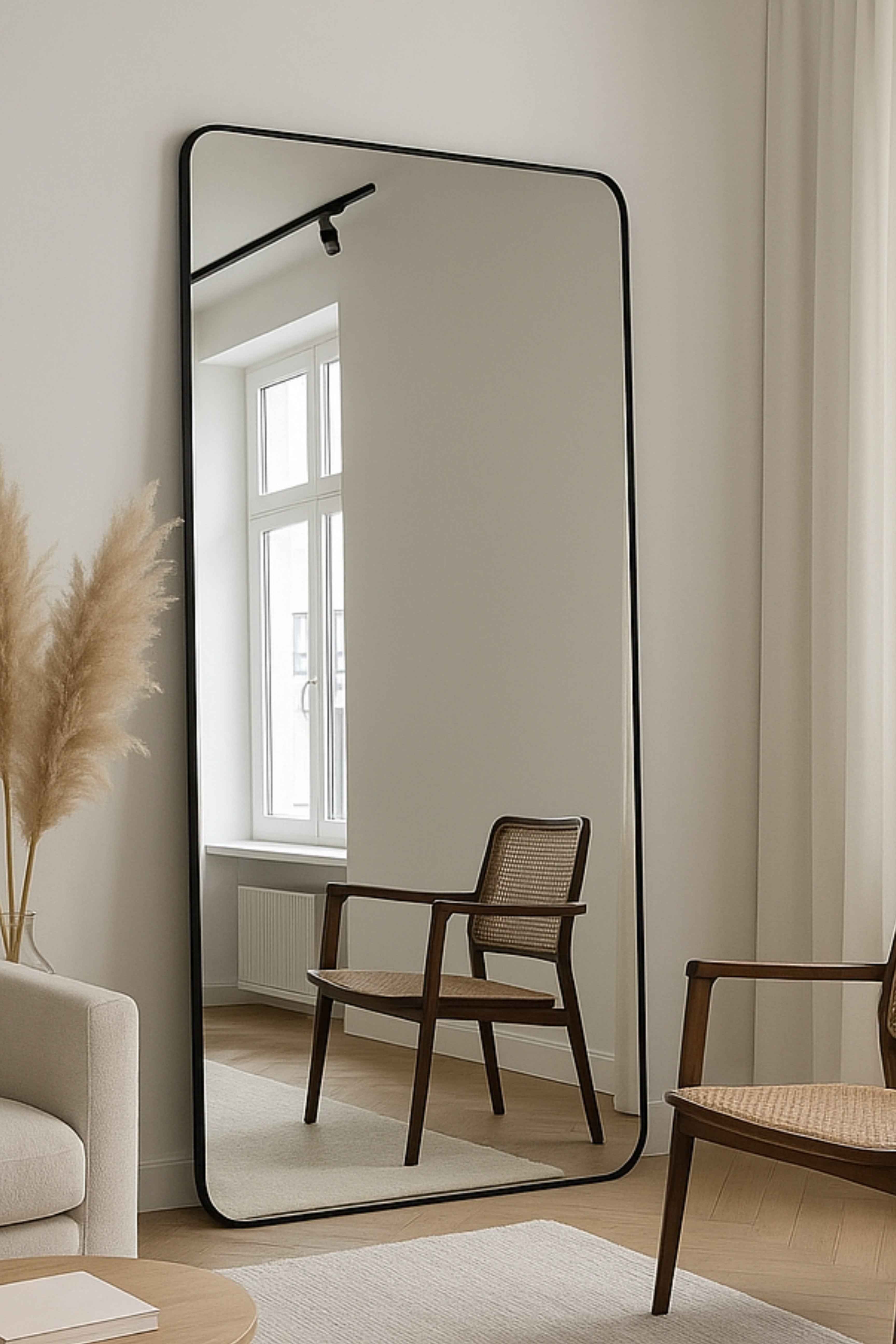 Miroir Adeline noir posé au sol – design épuré et reflet lumineux pour chambre moderne.