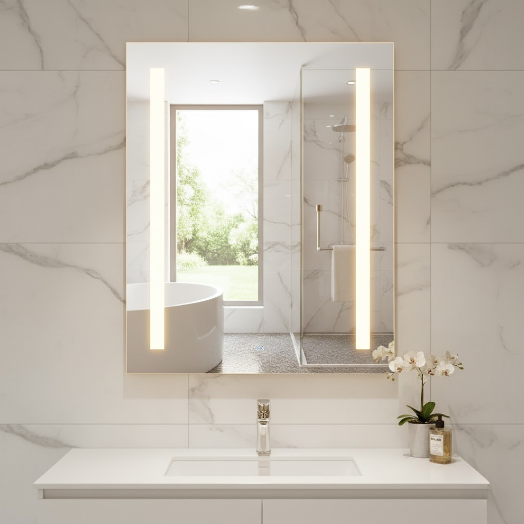 Miroir LED salle de bain rectangle 80x60 cm Saint Gobain avec cadre en aluminium et double éclairage blanc et jaune