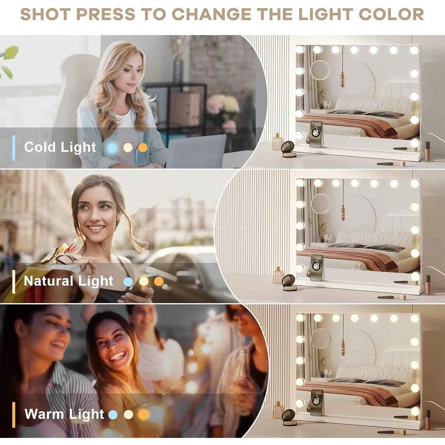 Miroir coiffeuse Bluetooth pour maquillage, posé sur une table avec socle en métal