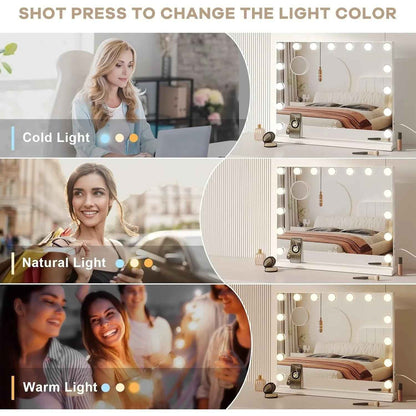 Miroir coiffeuse Bluetooth pour maquillage, posé sur une table avec socle en métal