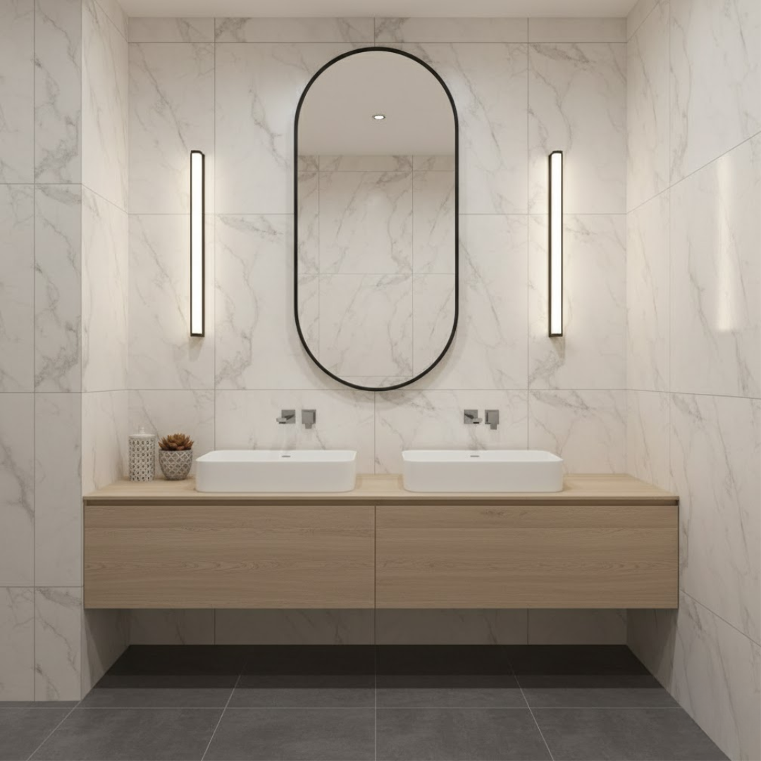 Miroir de salle de bain AquaPure 75x40 cm avec cadre en métal noir et fonction anti-buée, verre Saint Gobain.
