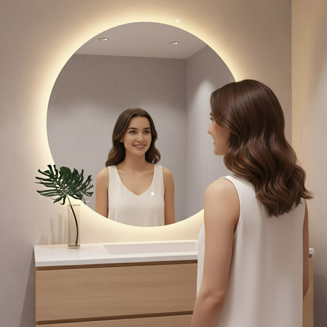 Miroir de salle de bain rond 70 cm avec éclairage LED tactile dimmable, marque Saint Gobain.
