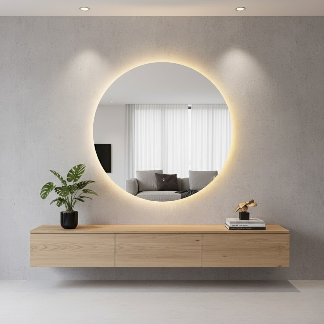 Miroir de salle de bain rond LED tactile avec intensité lumineuse réglable, verre Saint Gobain.