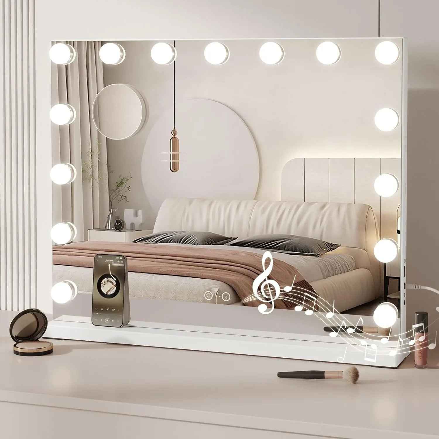 Miroir maquillage Hollywood 58x45cm avec 15 ampoules LED allumées et enceinte Bluetooth