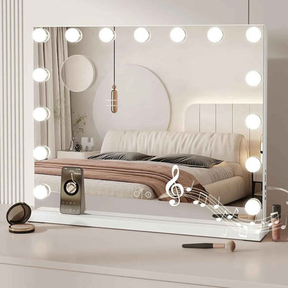 Miroir maquillage Hollywood 58x45cm avec 15 ampoules LED allumées et enceinte Bluetooth