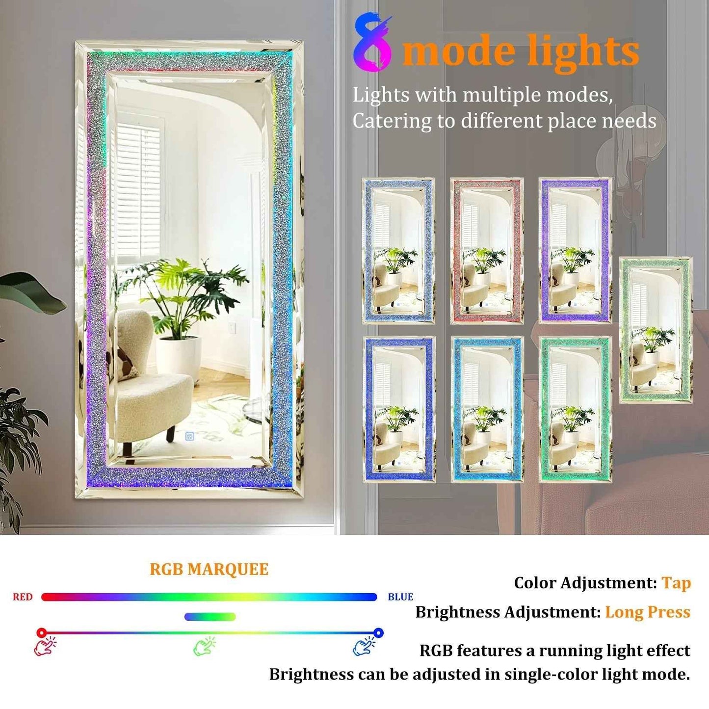 Grand Miroir Mural LED RGB (120x60cm) - Rectangulaire Décoratif