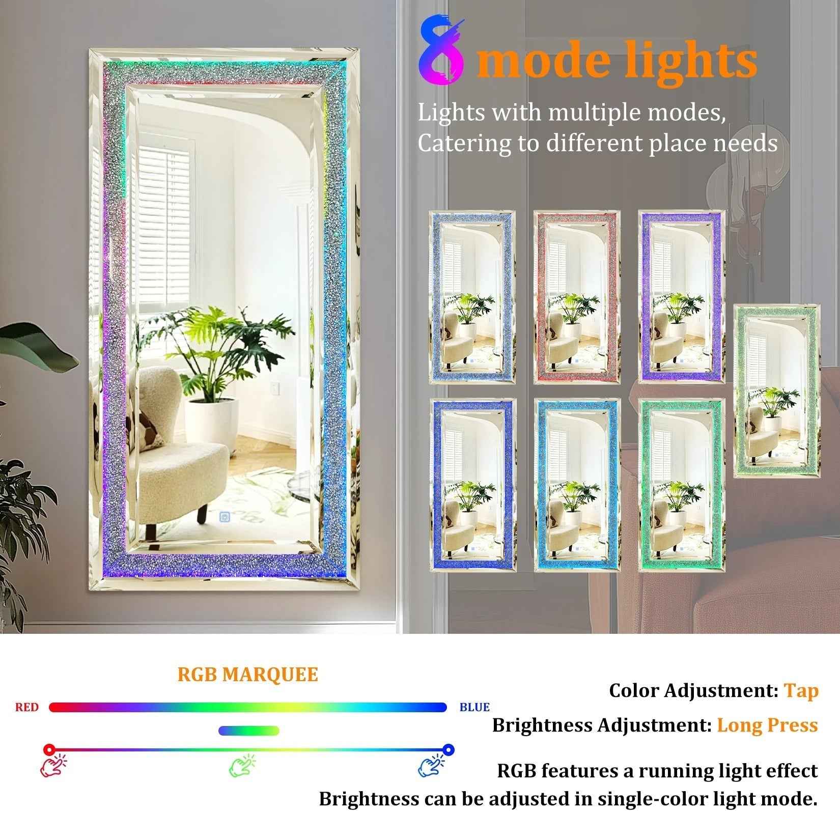 Grand Miroir Mural LED RGB (120x60cm) - Rectangulaire Décoratif