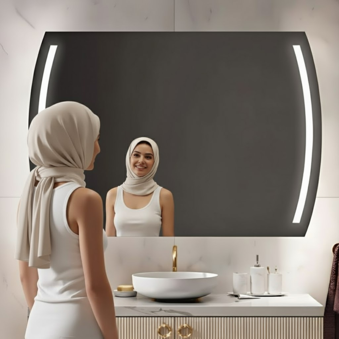 Miroir ovale lumineux "Ellipse" installé au-dessus d'un meuble de salle de bain, créant une ambiance spacieuse.