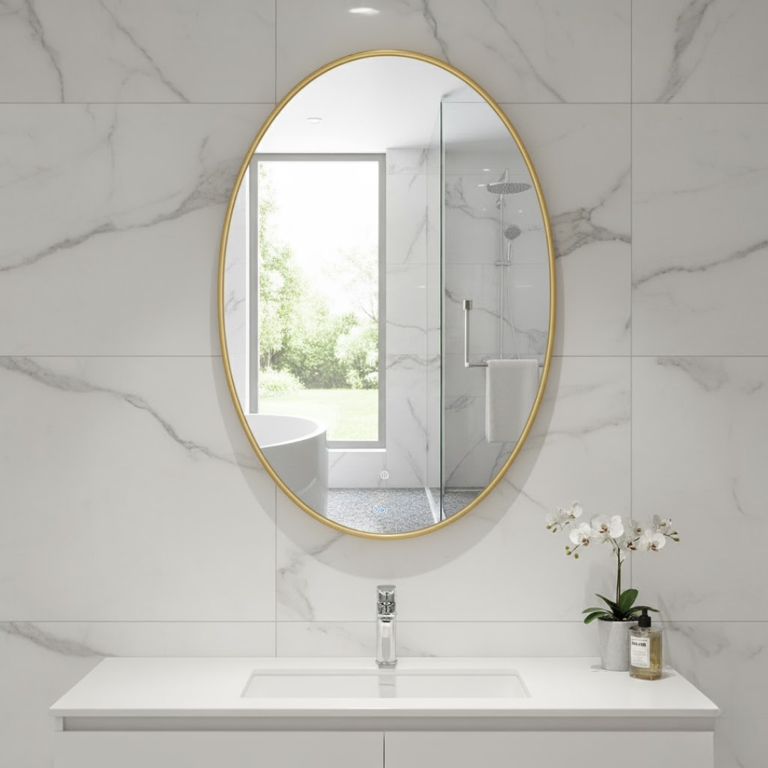 Miroir ovale lumineux Luminia 80x60 cm avec cadre doré, installé dans une salle de bain moderne.