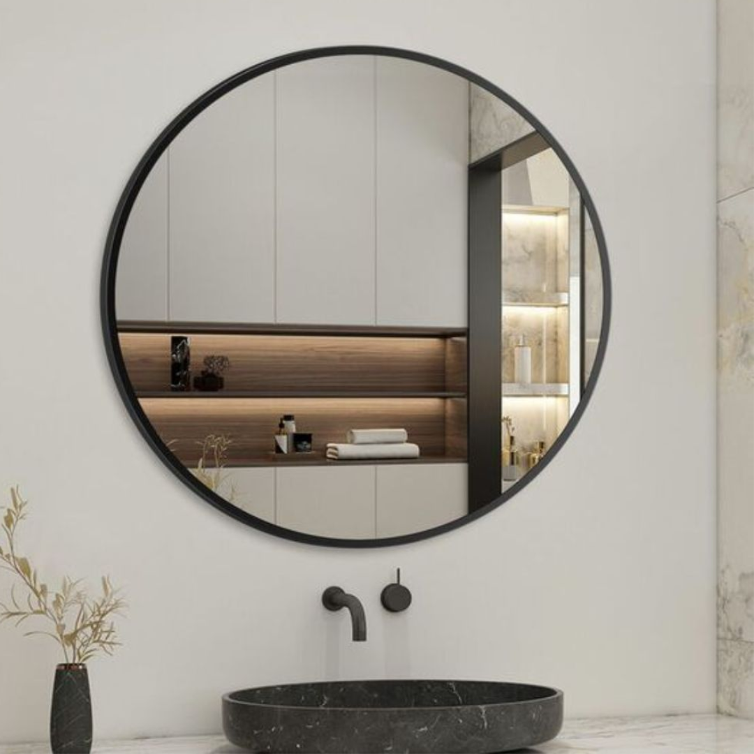 Miroir rond pour salle de bain avec éclairage LED, horloge digitale et cadre fin en métal noir