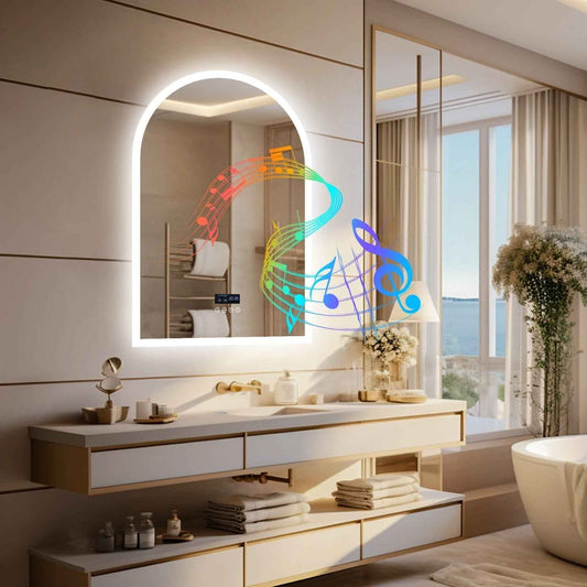 Miroir salle de bain arqué 60x90cm avec éclairage LED rétroéclairé et cadre blanc mat