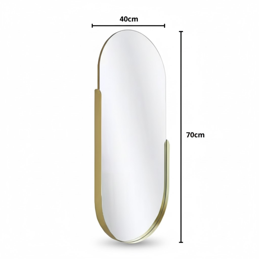 Miroirs ovales 70x40 cm, cadre doré partiel, vendus en ensemble de deux.