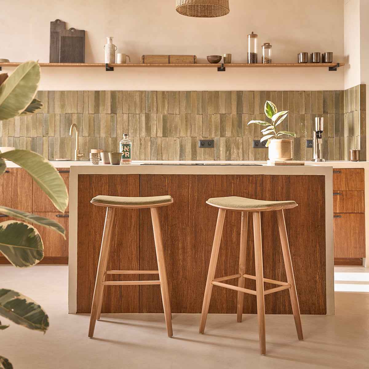 Lot de 2 tabourets en teck massif assise velours cotelé 75 cm