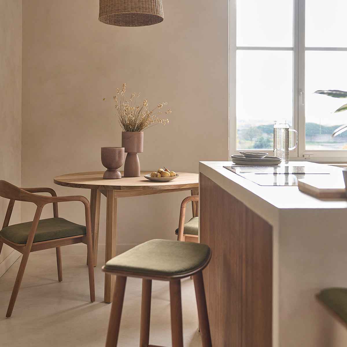 Lot de 2 tabourets en teck massif assise velours cotelé 75 cm