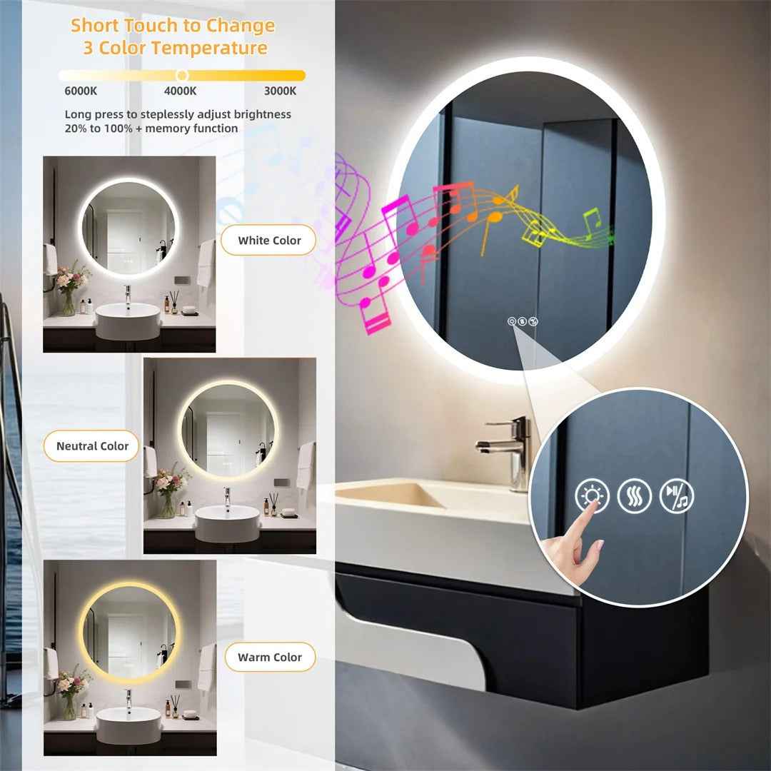 Miroir Salle de Bain Rond LED (80cm) avec Bluetooth et Fonction Anti-Buée