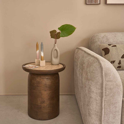 Table d'appoint en bois de manguier et travertin ronde